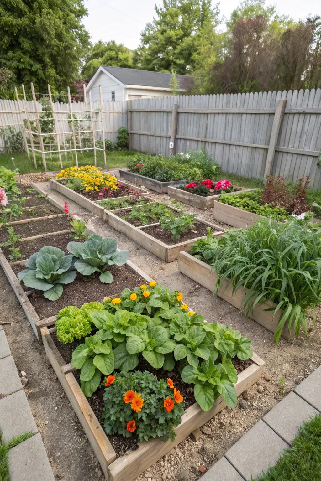 A square foot garden thriving with a mix of different vegetables.