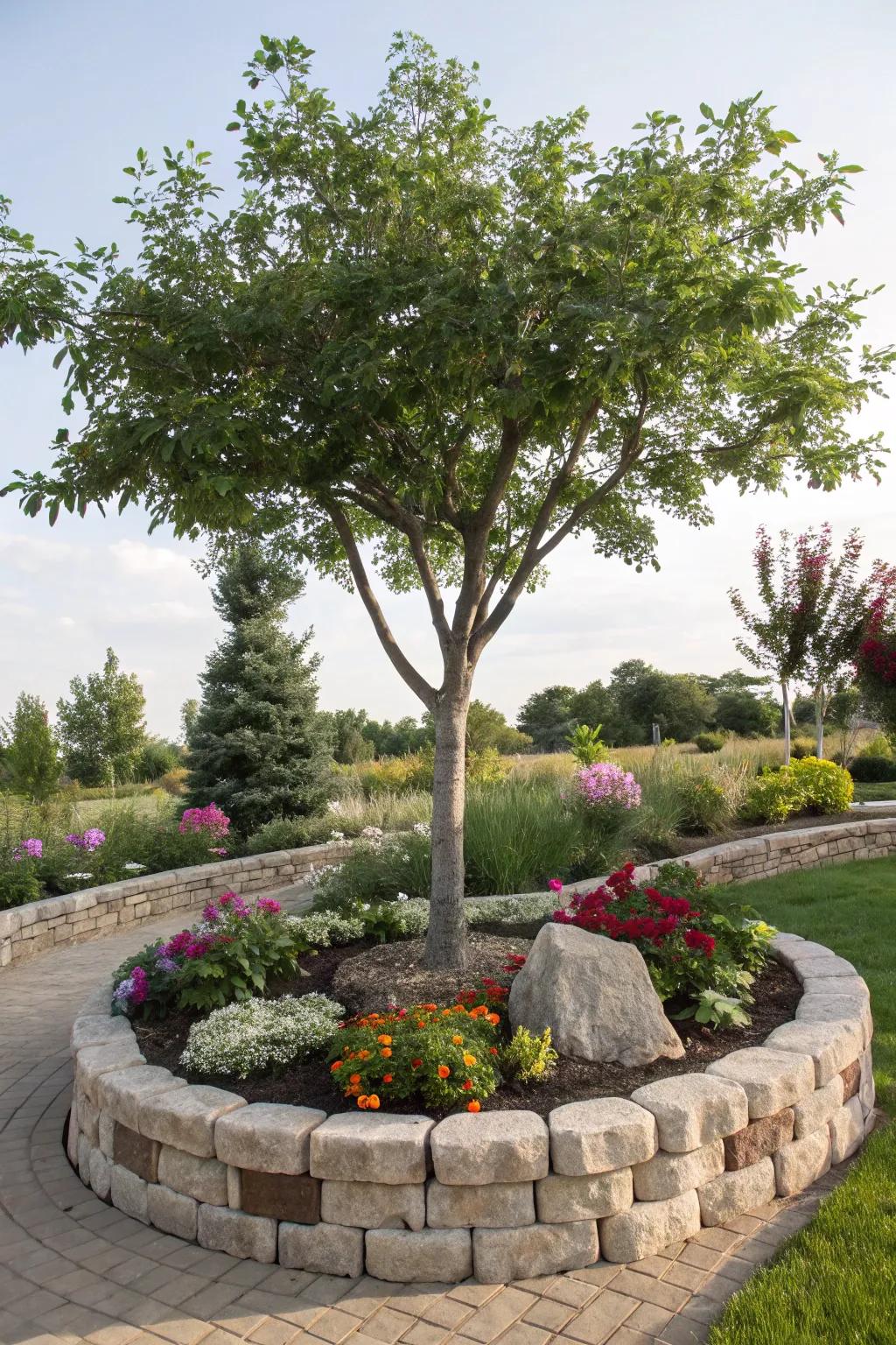 A tree accented by a decorative stone border.
