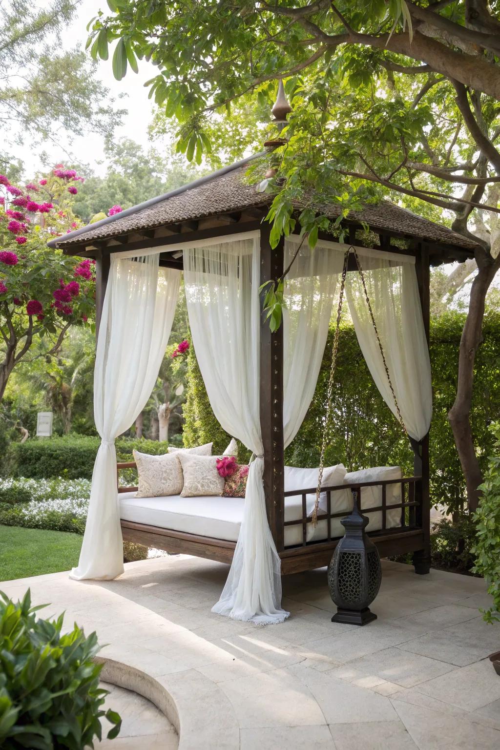Swinging beds impart a whimsical allure to your gazebo.