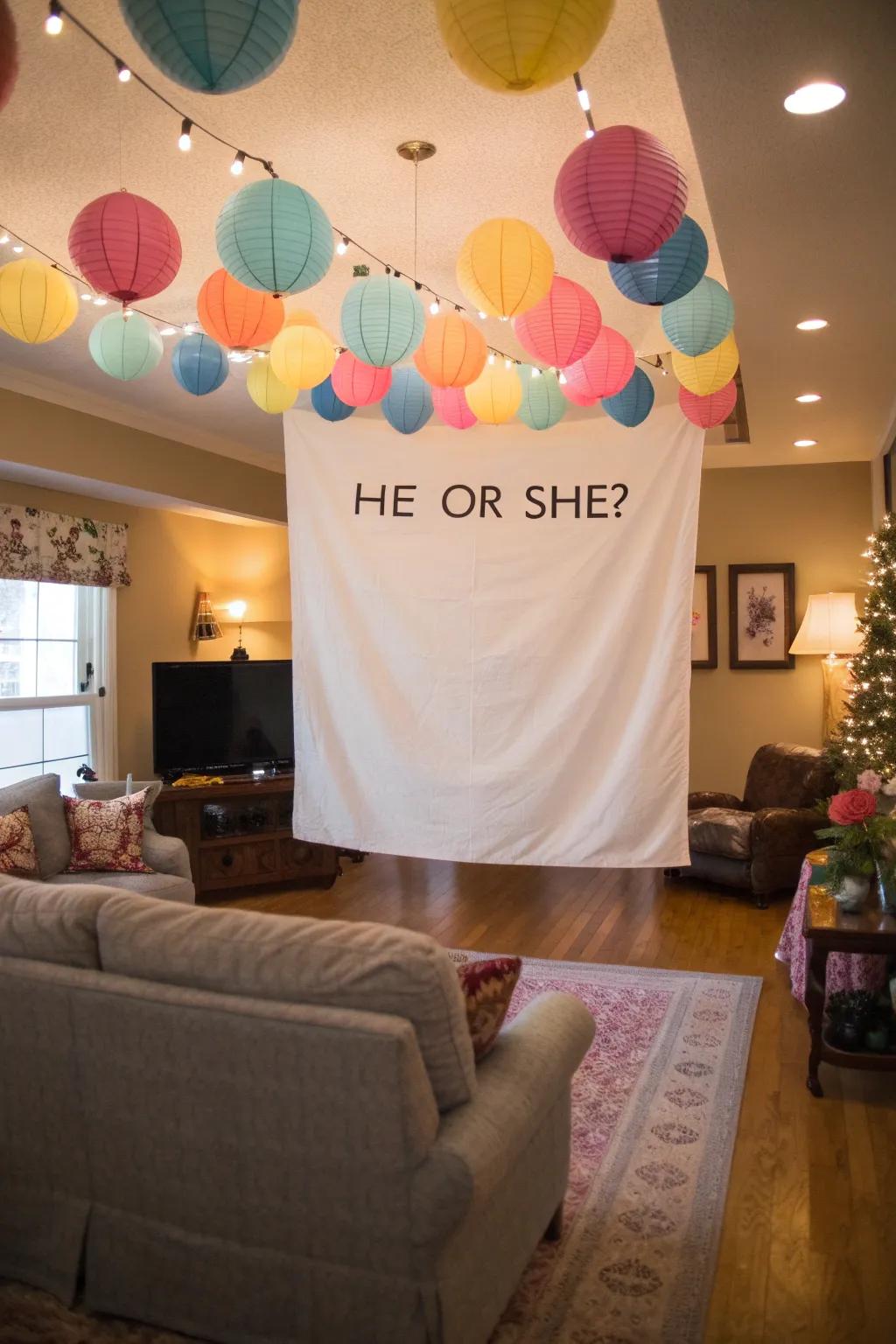 Charming banners and boards perfectly set the stage for a gender reveal to remember.