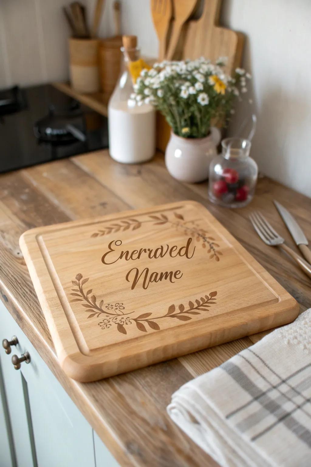 A finely carved chopping block that adds an individual feel to food preparation.