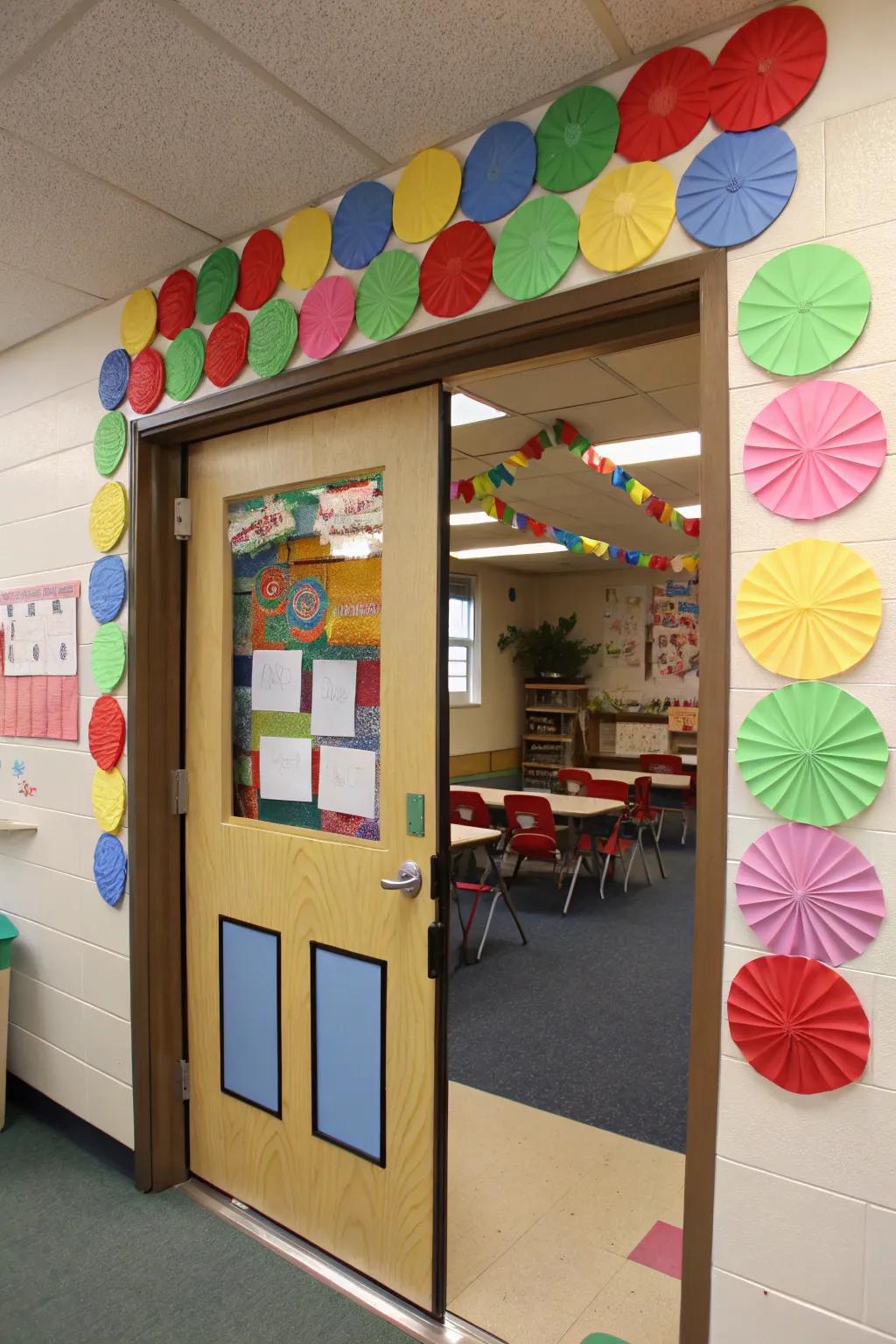 A bright, candy-inspired roof adorns a classroom door.