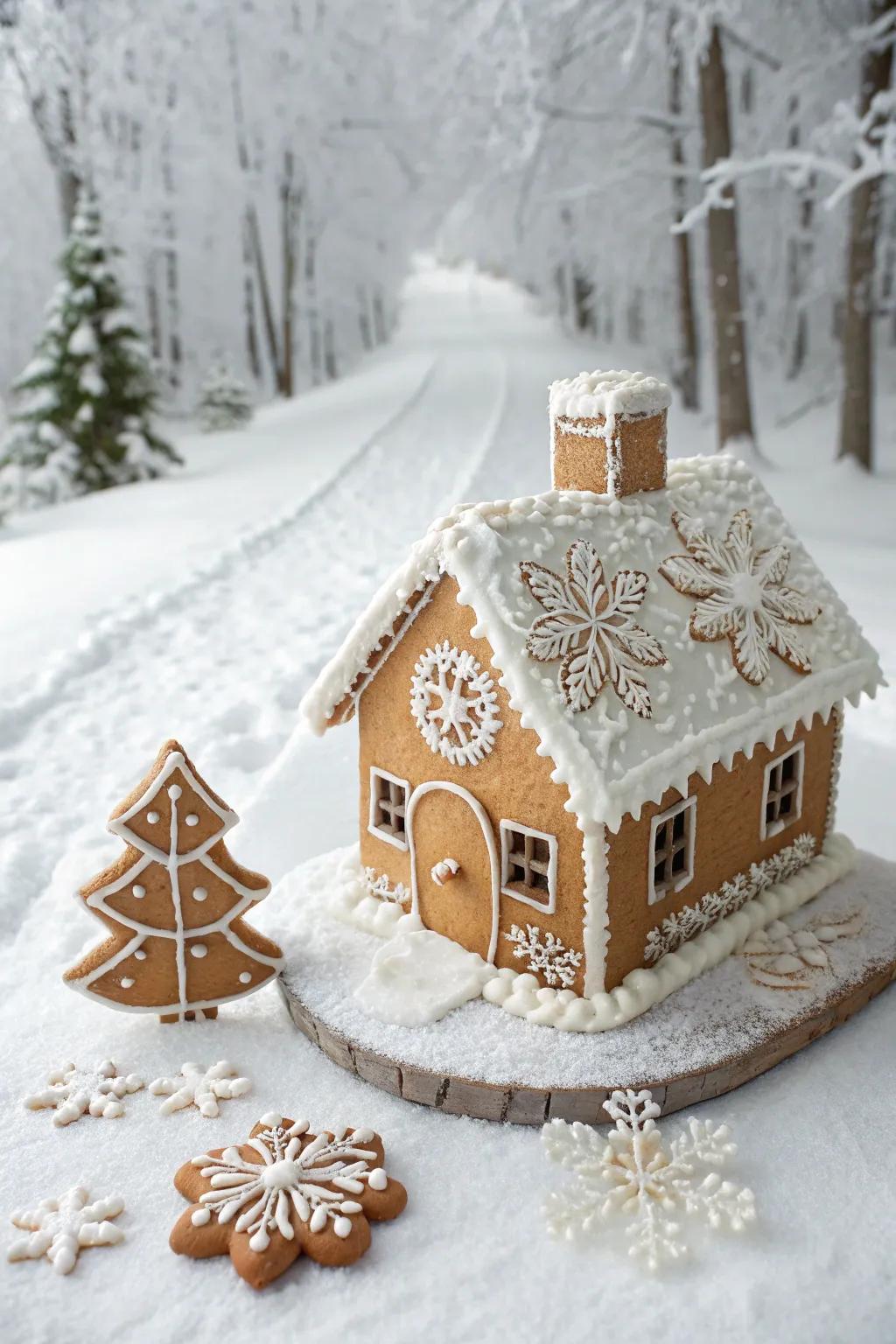 A snowy gingerbread house evoking a winter dreamscape.