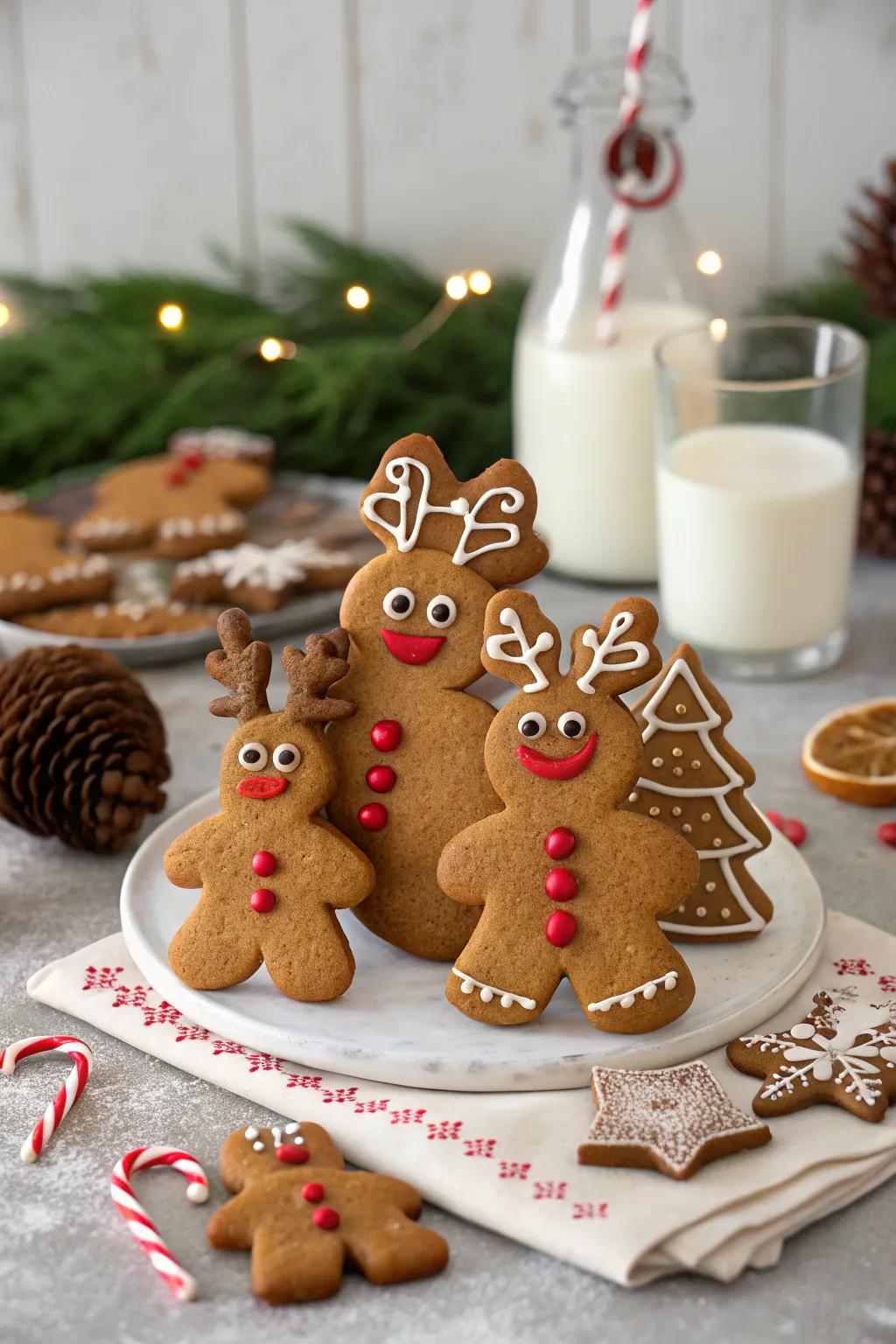 A lovely gingerbread family is dressed as reindeer.