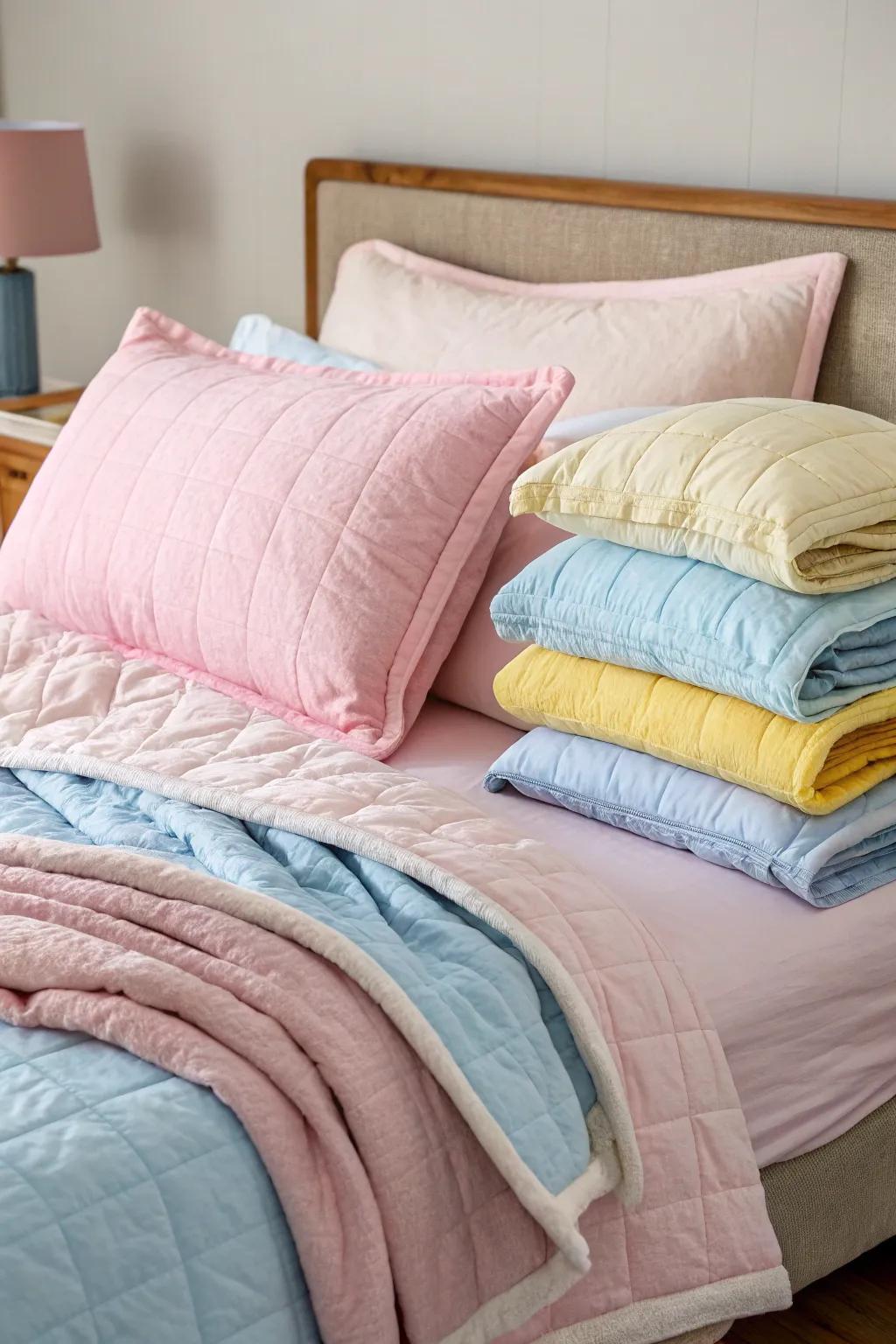 Layered bedding using light shades for ultimate relaxation.