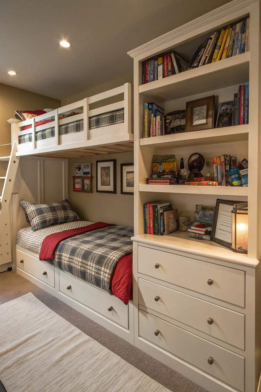 Effective storage solutions included in the bunk bed design.