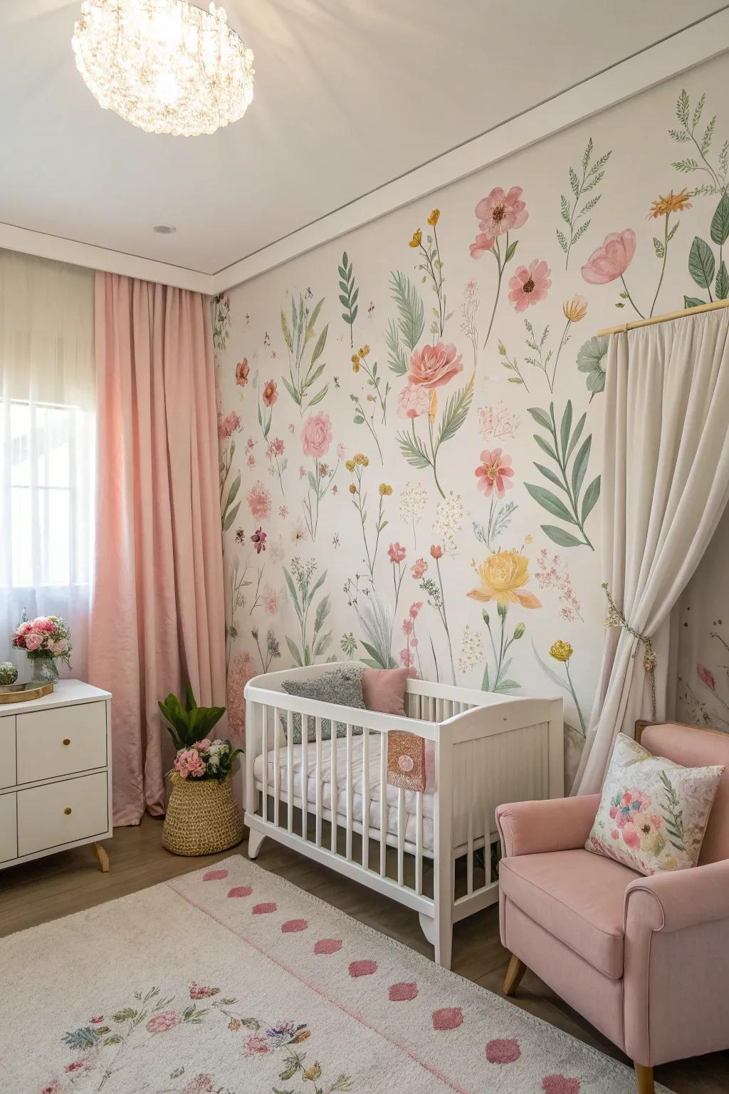 A whimsical floral mural enhances the nursery’s charm.