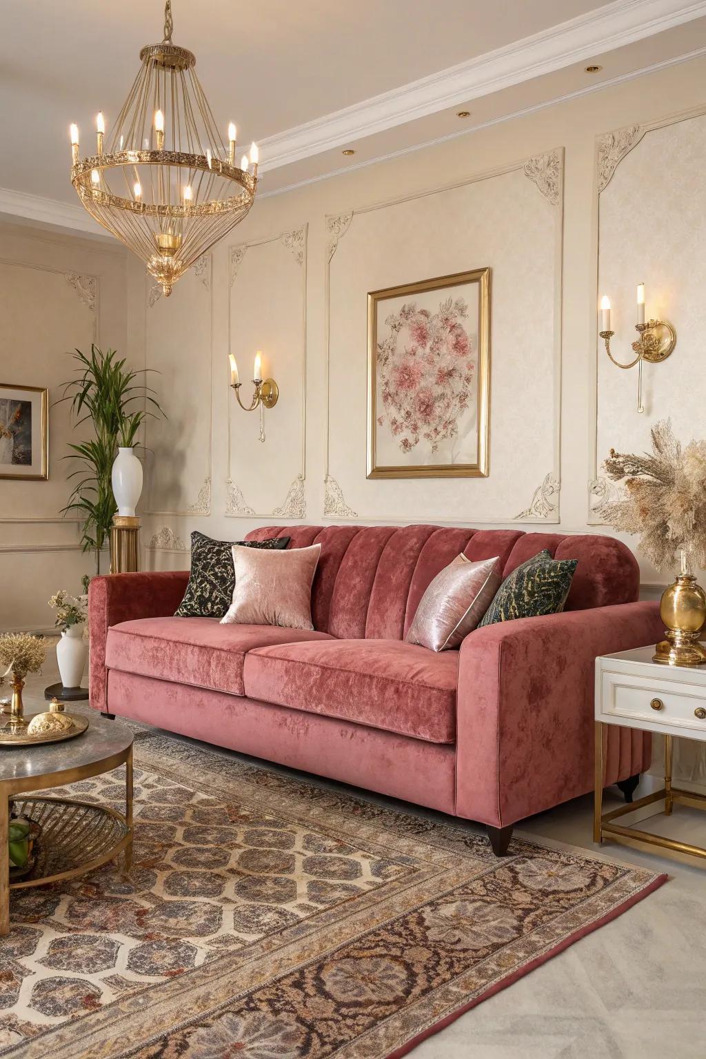 A lavish living area focused on a rose felt couch.