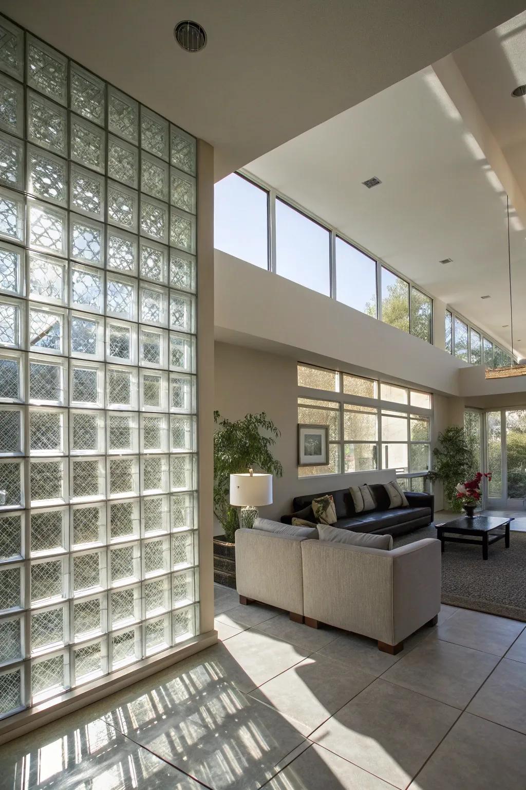 A modern living room features a prism panel wall, making a bold statement and filling the space with natural light.