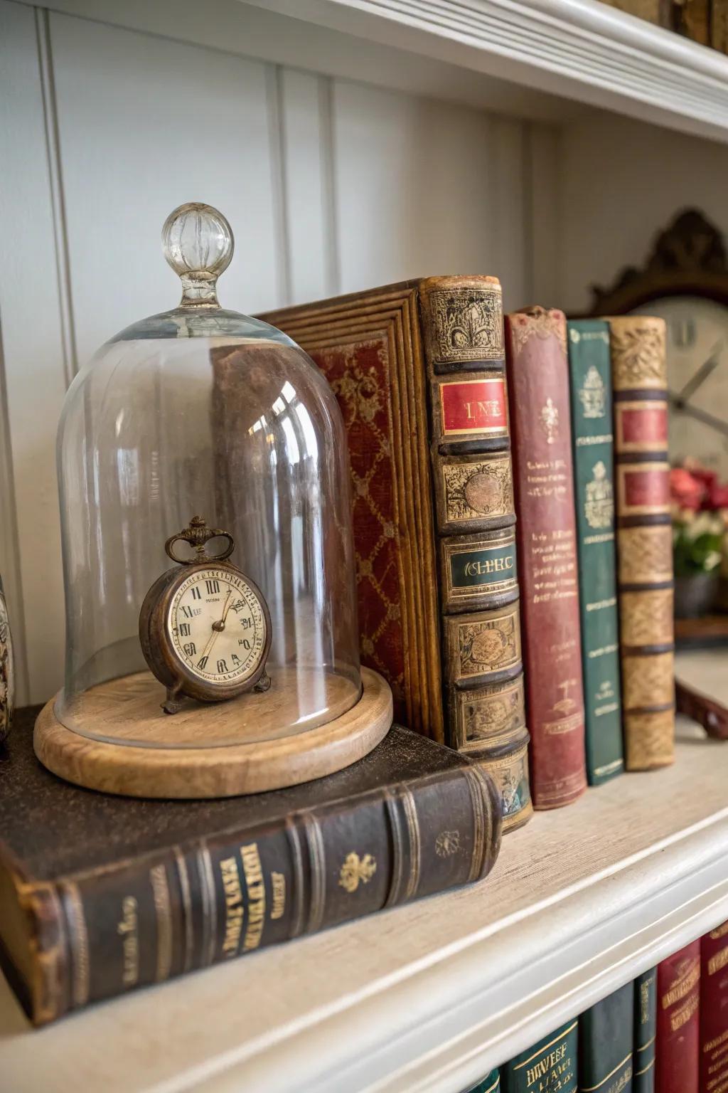 Classic books and an antique timepiece combine to create a nostalgic presentation under a glass cloche.