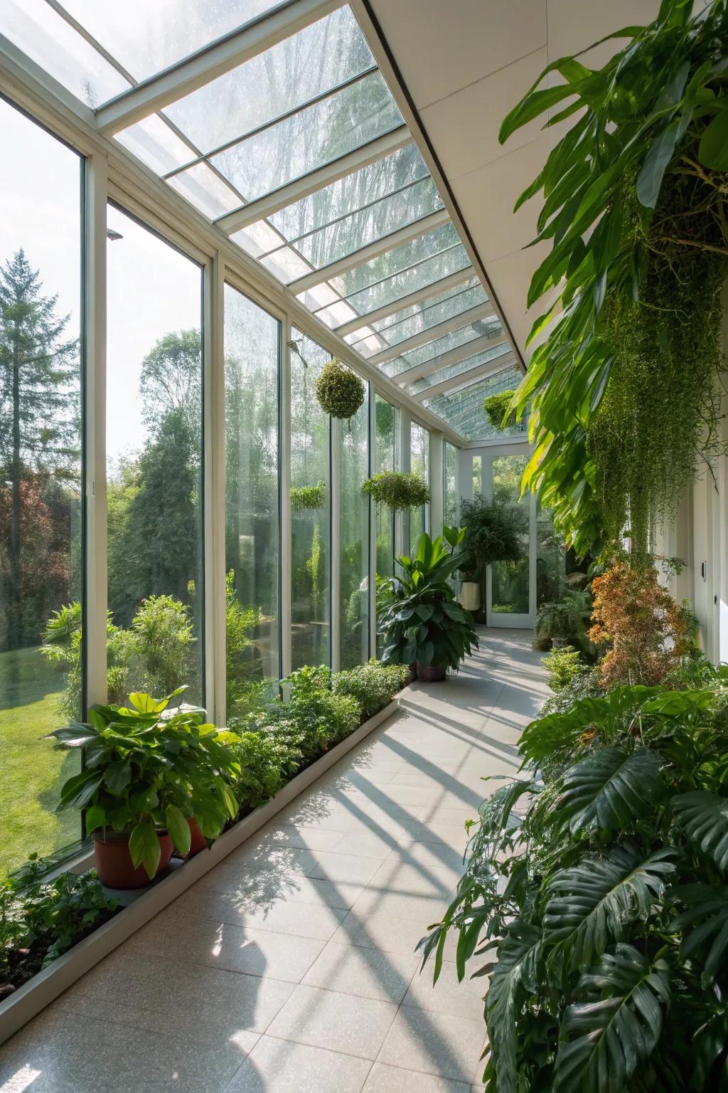 A peaceful green oasis made within a glass extension.