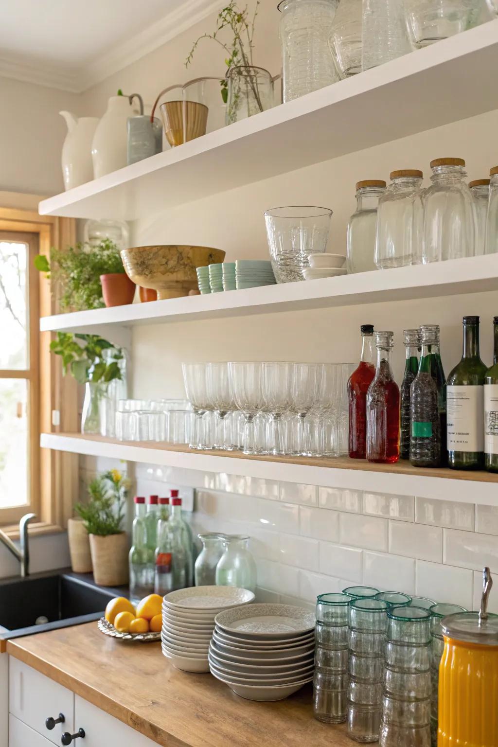 Open shelves adorned with a diverse glassware collection in a well-lit kitchen.