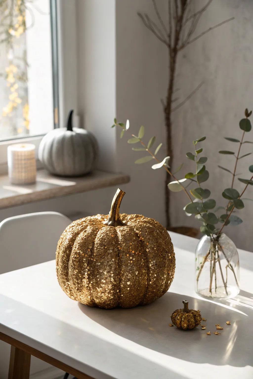 Improve your autumn decor with a dash of radiance. This shimmer-coated gourd combines minimalism and bohemian appeal, ideal for an amazing seasonal centerpiece.