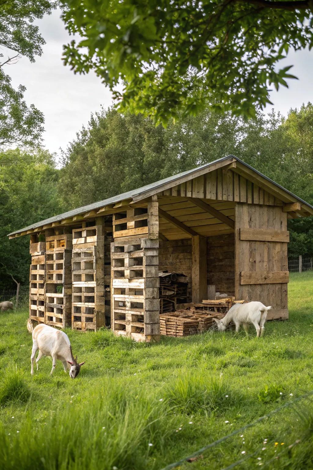 A green goat shelter crafted from reused skids.