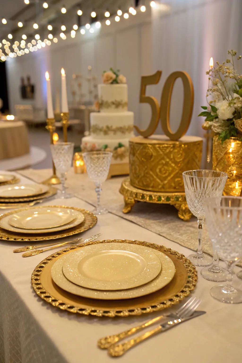 Elegant golden table decor enhances the celebratory atmosphere.
