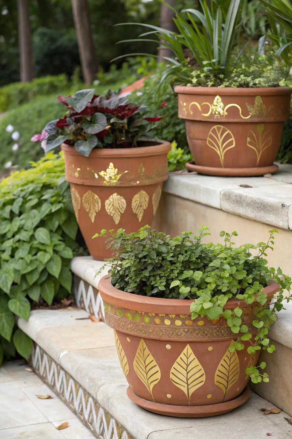 Achieve striking contrast with glimmering pots.