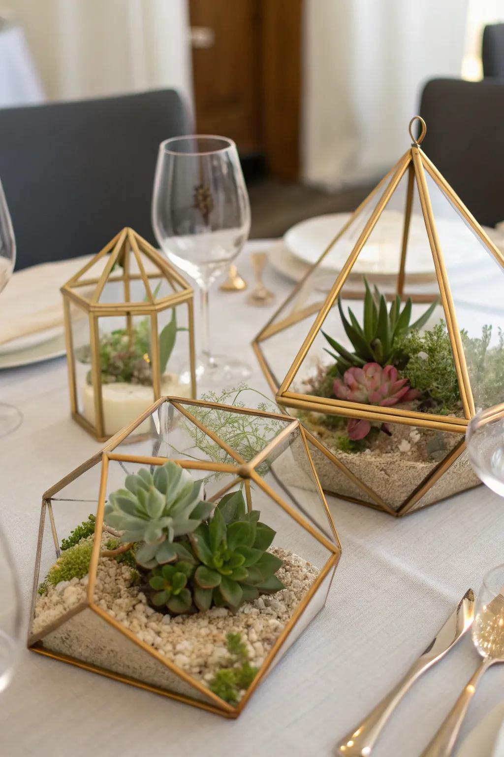 Chic gold terrariums providing a contemporary twist to conventional centerpieces.