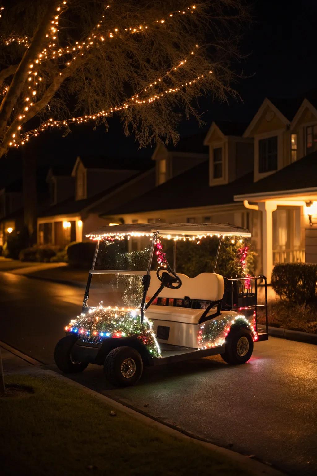A golf cart illuminated with joyous string lights.