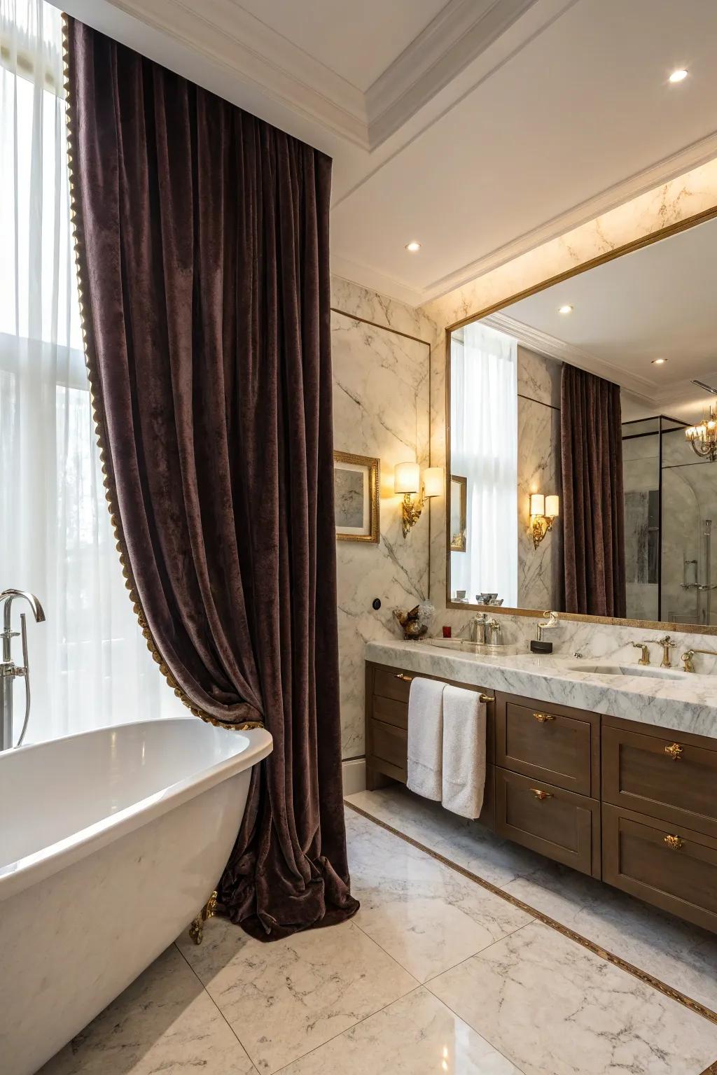 Velvet and granite introduce sophistication and grandeur to this gothic bathroom.