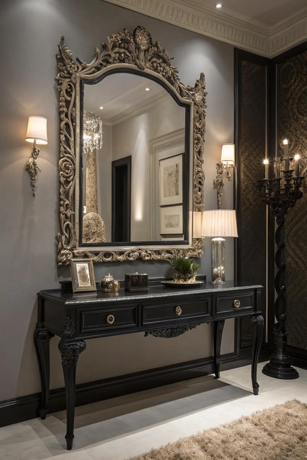 An ornate mirror frame adds elegance and depth to your vanity setup.