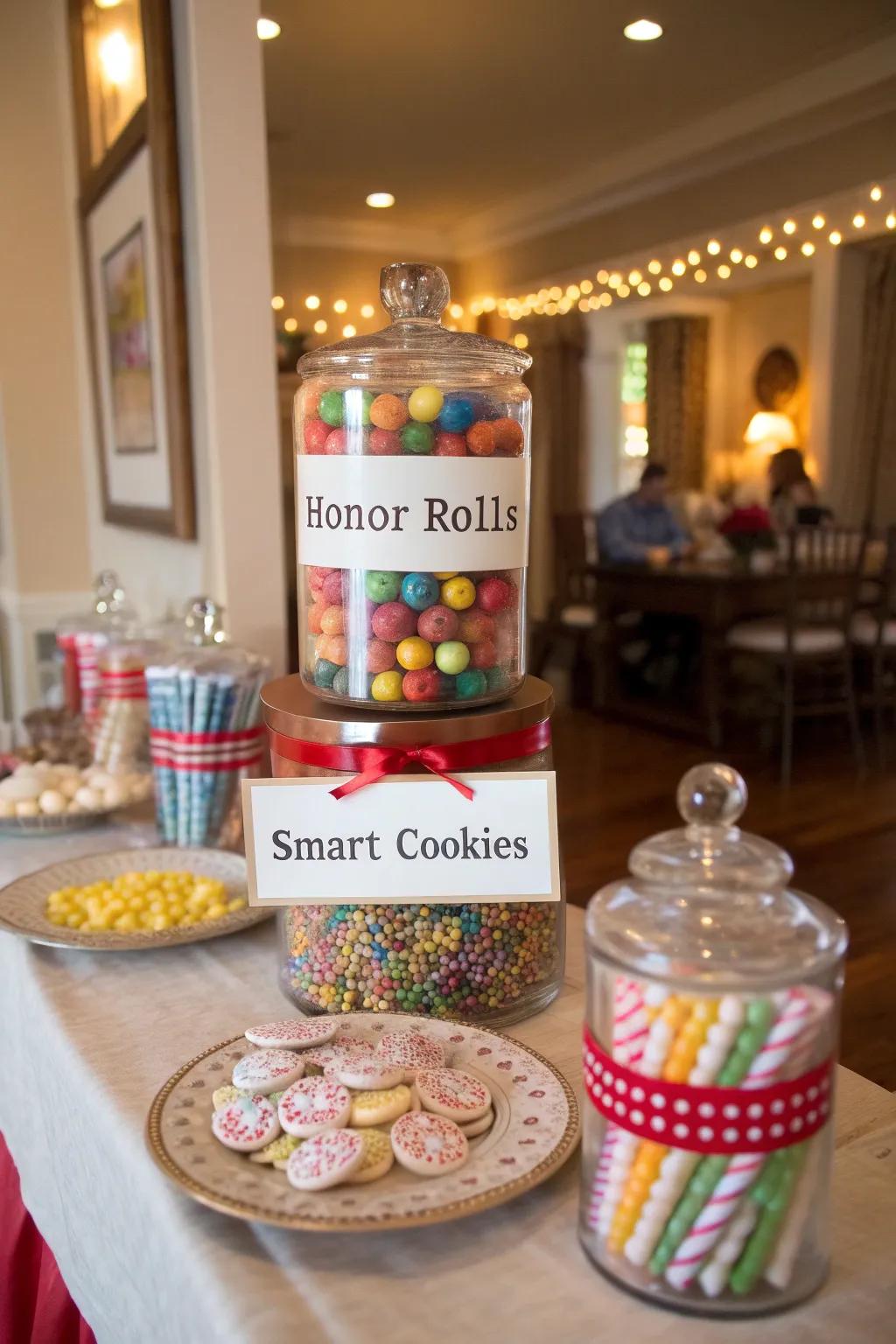 Playful candy labels add a unique twist to your graduation table.