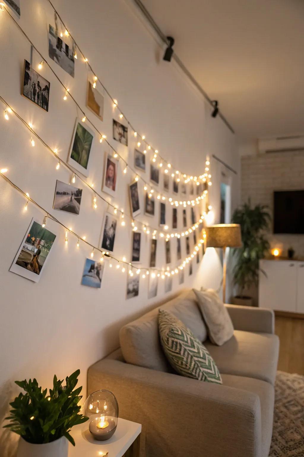 A string and clips display with fairy lights establishes a warm and welcoming environment.