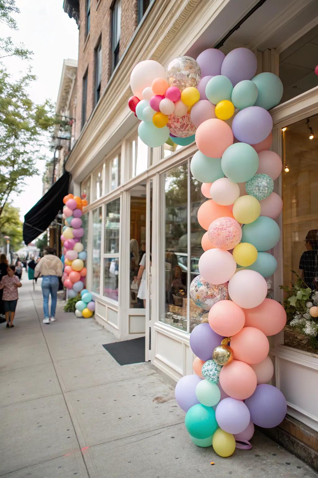 A natural balloon garland brings a vibrant and welcoming feel.