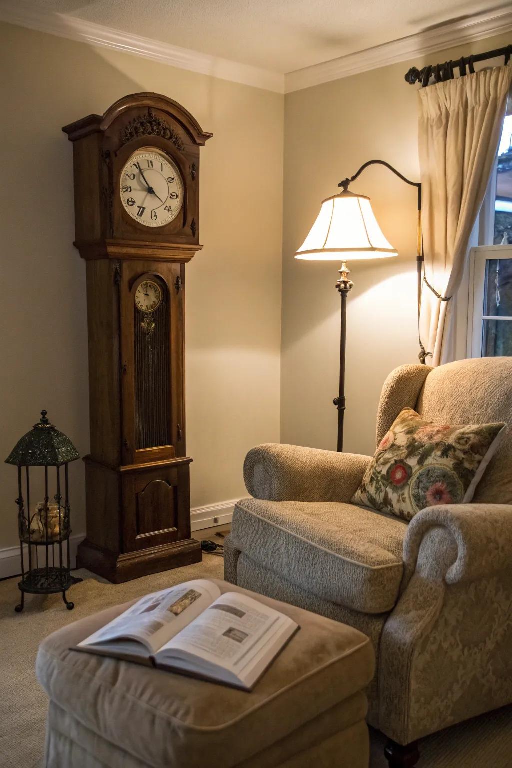 A comfortable corner with a pendulum timepiece makes an excellent place for reading.