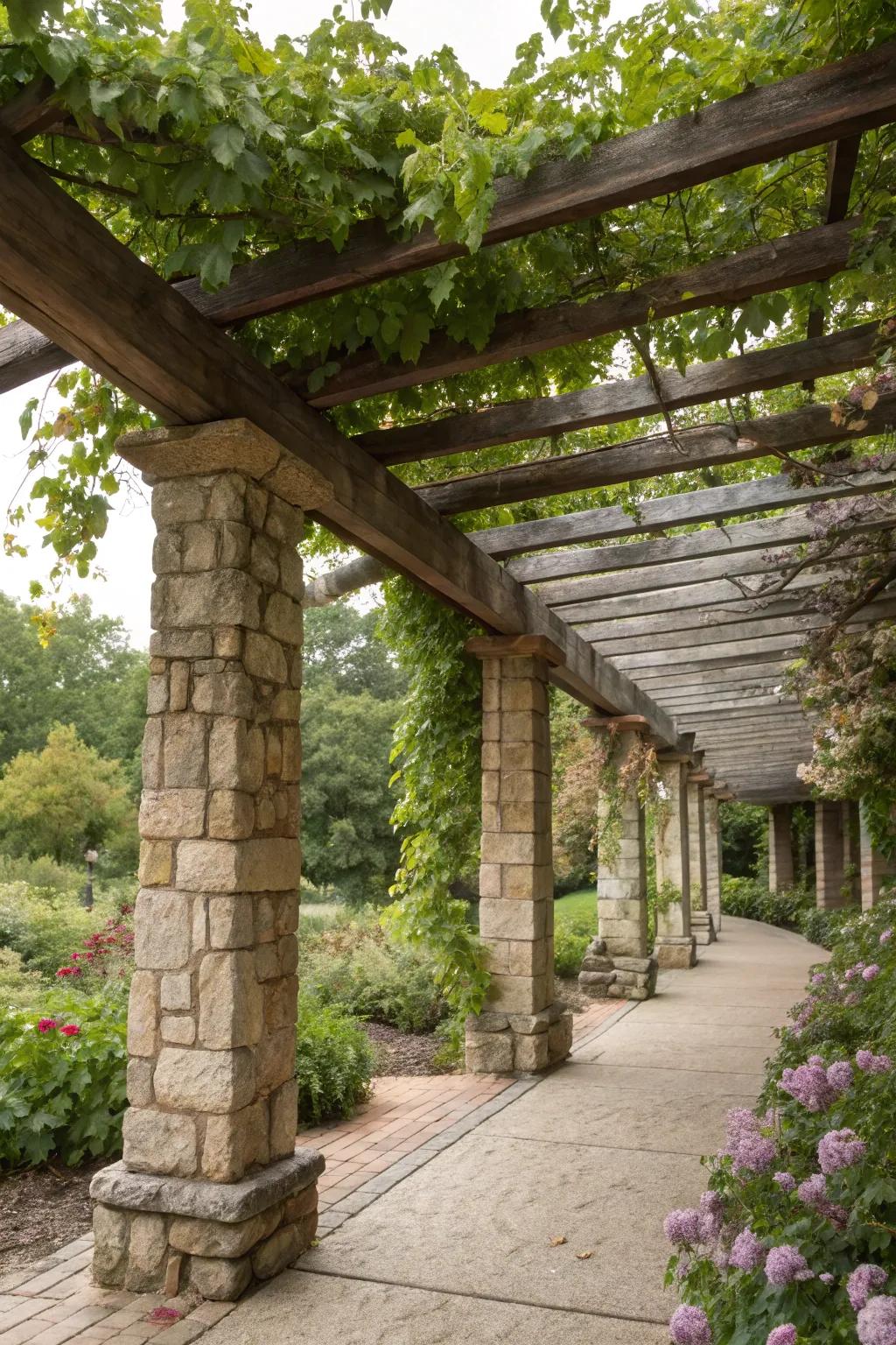 A country-style vine support combining rock and timber for a timeless appearance.