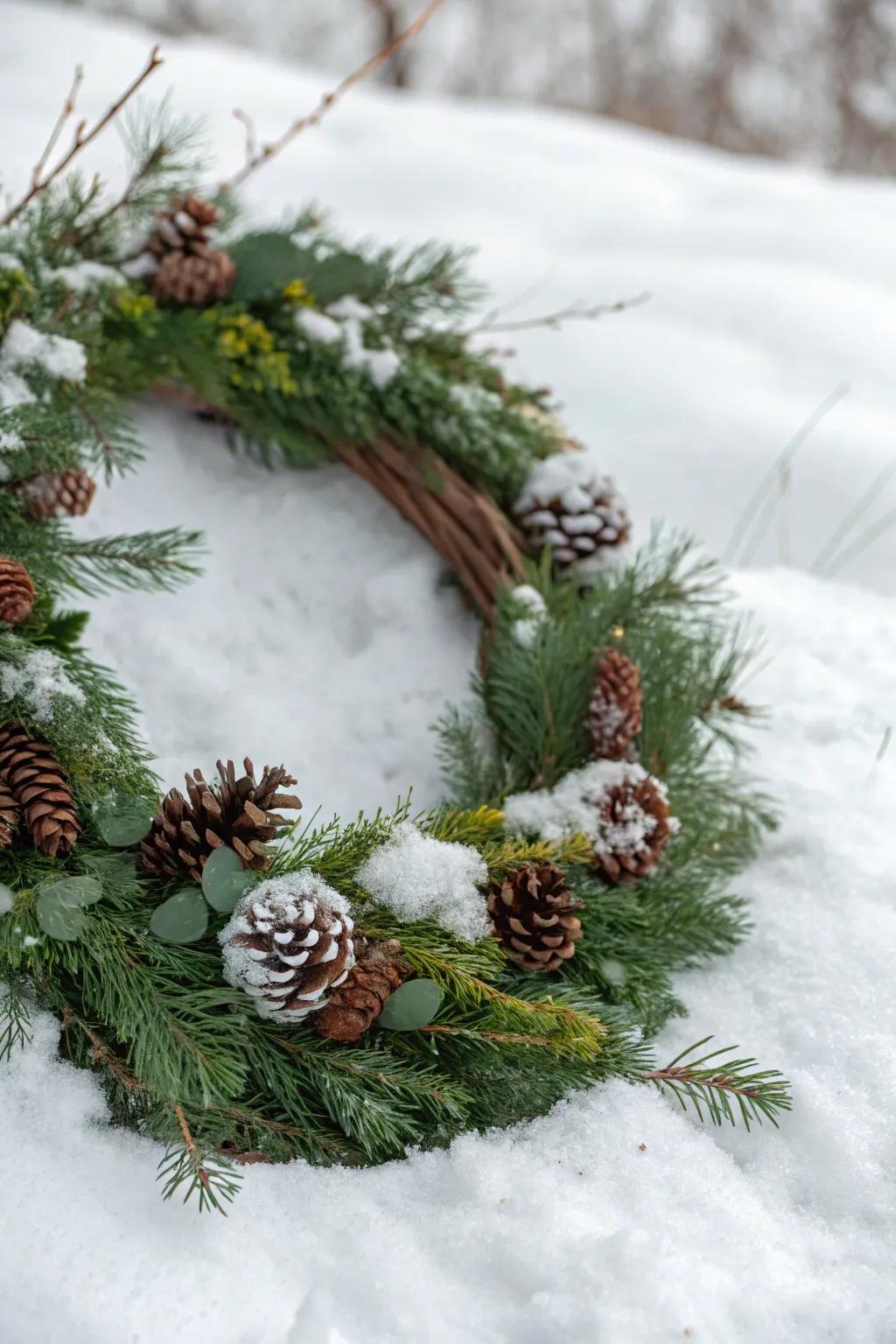 A grapevine wreath with evergreen branches and fir cones, inspired by winter.