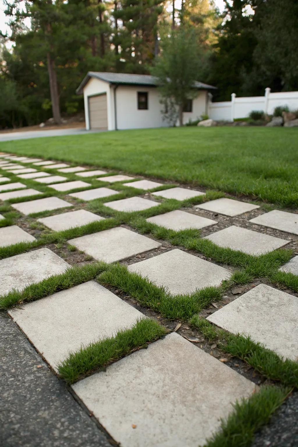 A striking checkered arrangement merging grass and rock for a bold statement.
