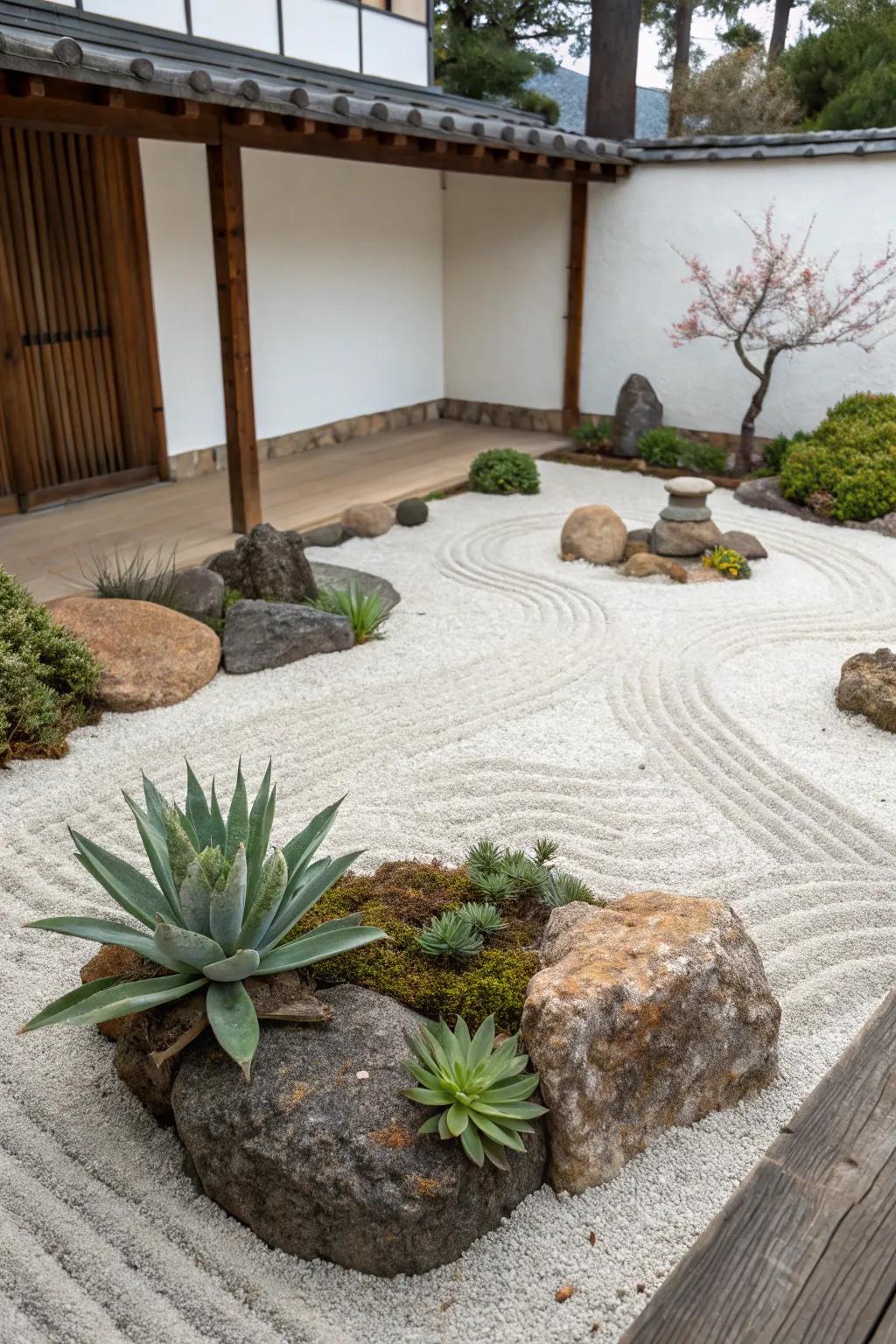 A Zen-inspired stone flower bed adorned with succulents