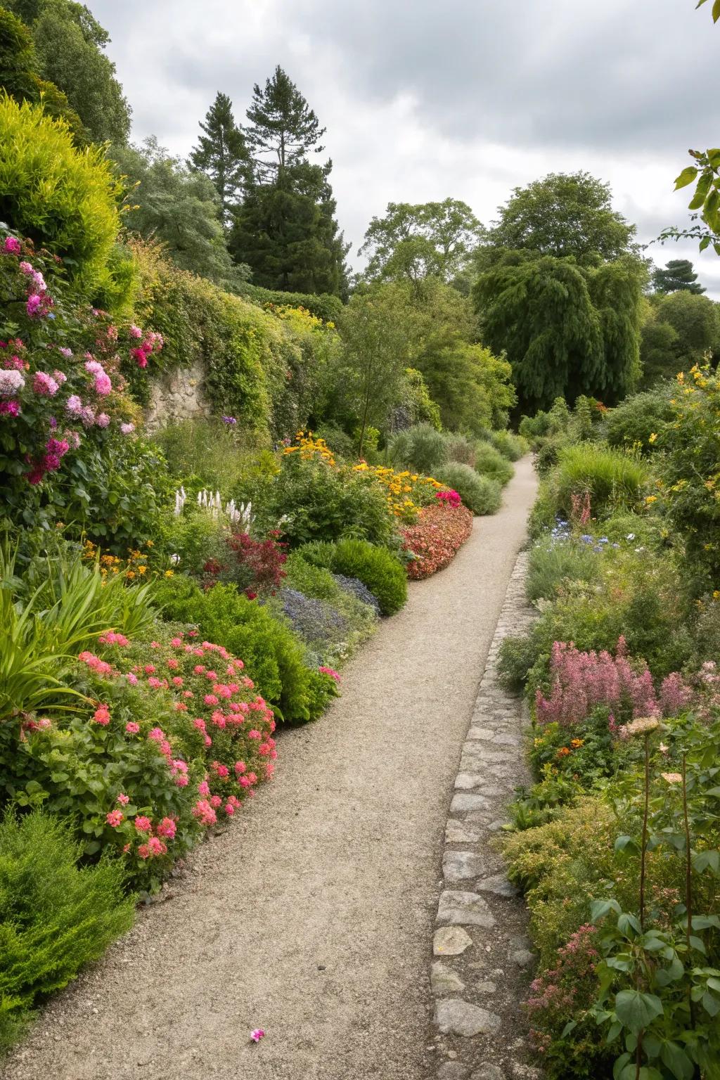 A stone chip walkway smoothly integrated with garden plantings