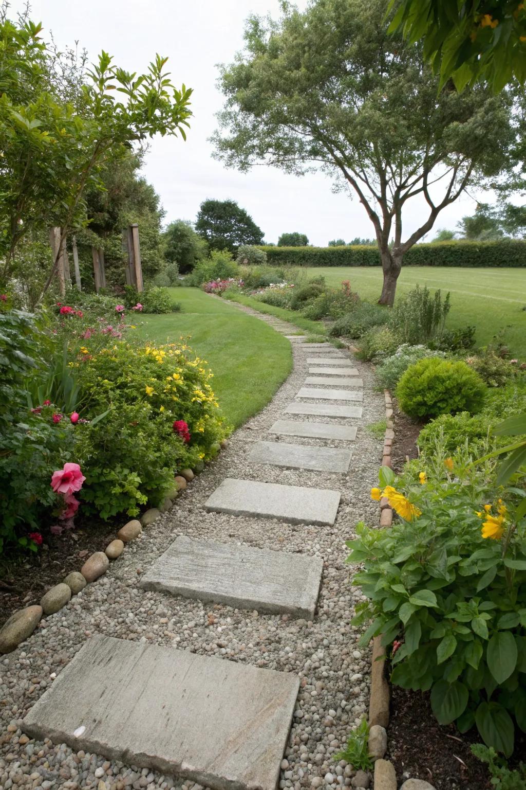 An attractive pebble path featuring stepping stones, winding through a garden.