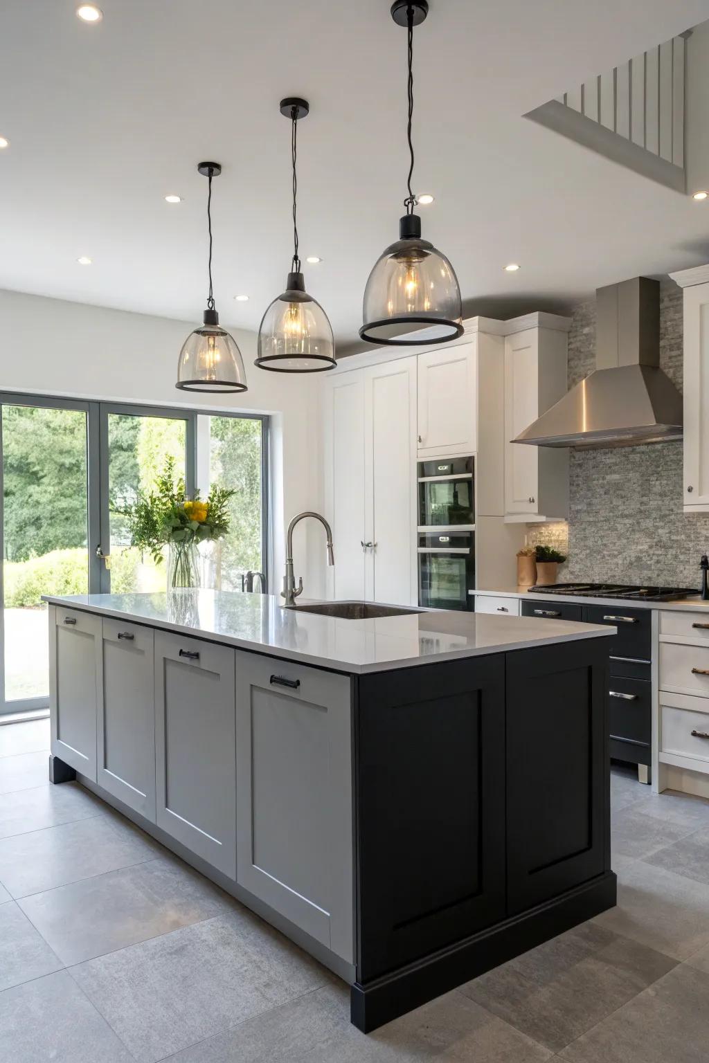 Drop lighting elevates the kitchen’s ambiance.