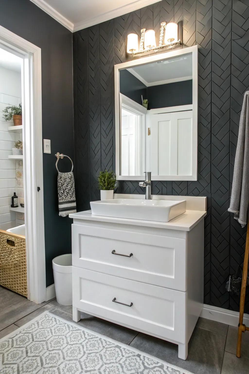 A deep gray statement wall enriches this radiant bathroom with depth.