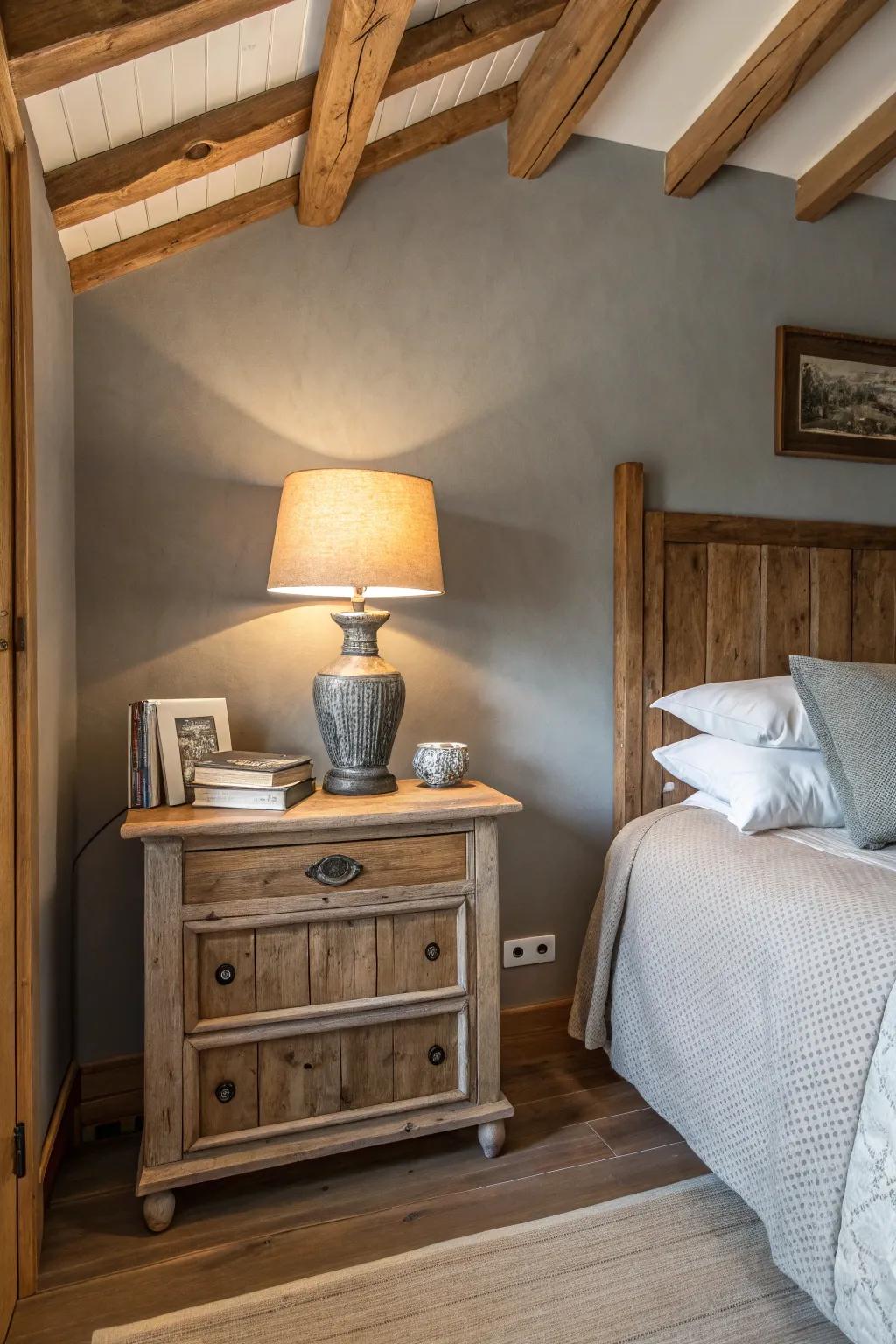 Warm gray walls enhanced by wooden features.