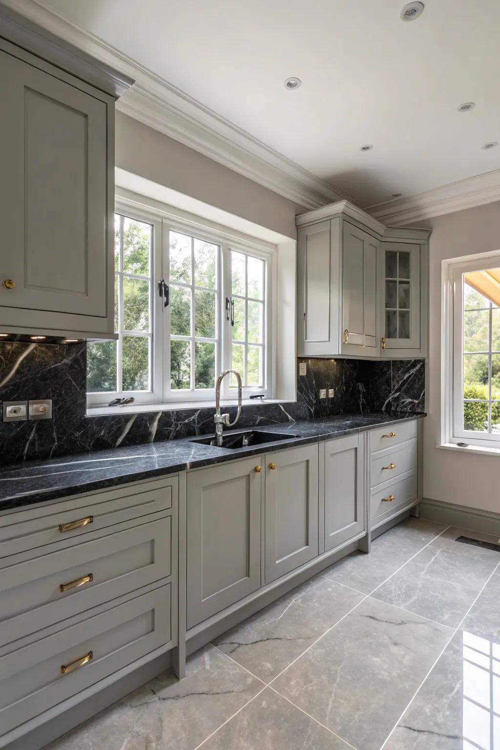 Elegant gray cabinets beautifully contrasted with luxurious onyx style worktops.