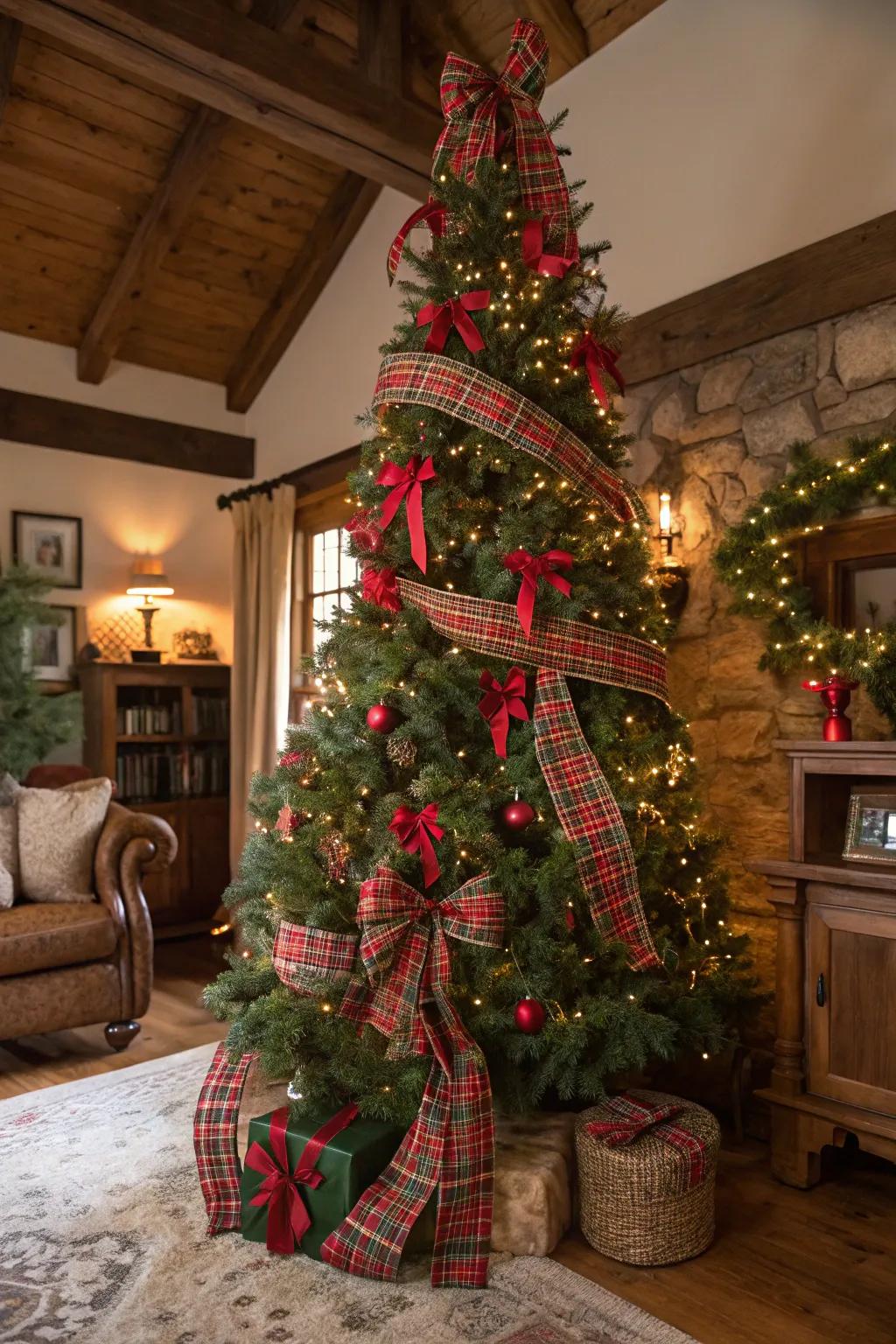 A rustic tartan-themed Christmas tree featuring red and green highlights.