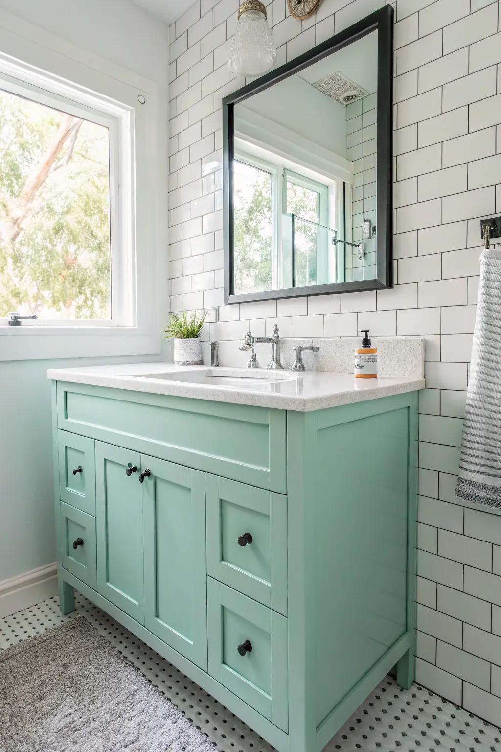Mint green vanity contributing a coastal freshness to the area.