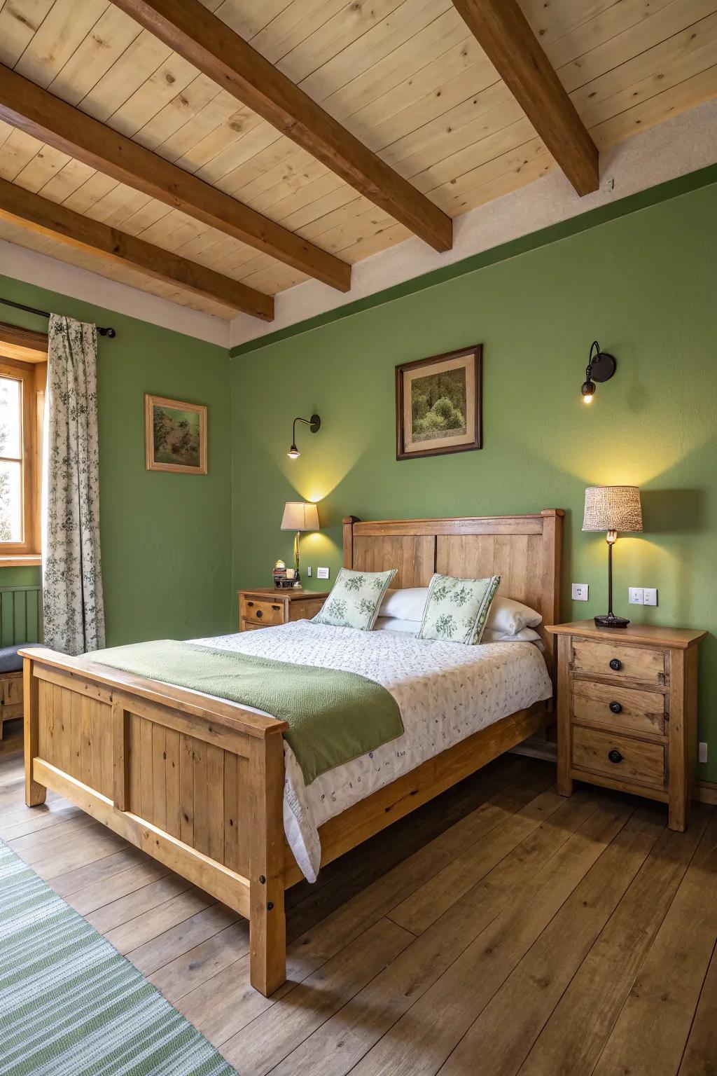 Organic wood details enhance the green hues, to create a balanced sanctuary.