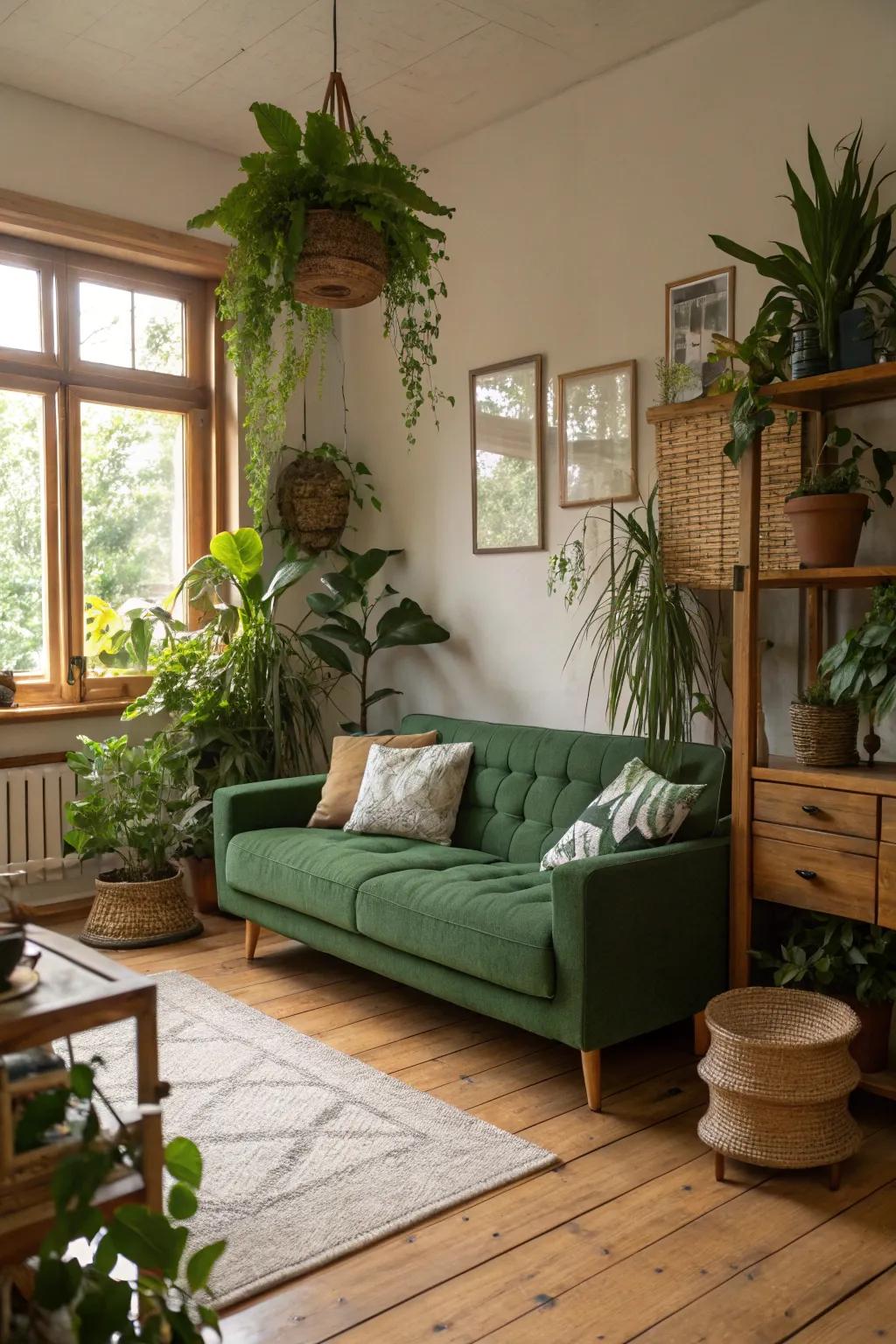 Organic elements like flora and timber enhance the green sofa, crafting a peaceful retreat.