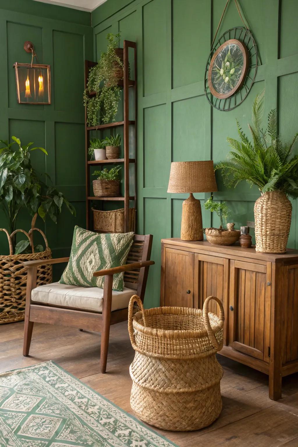 Earthy elements harmonize beautifully with green to create a natural ambiance.