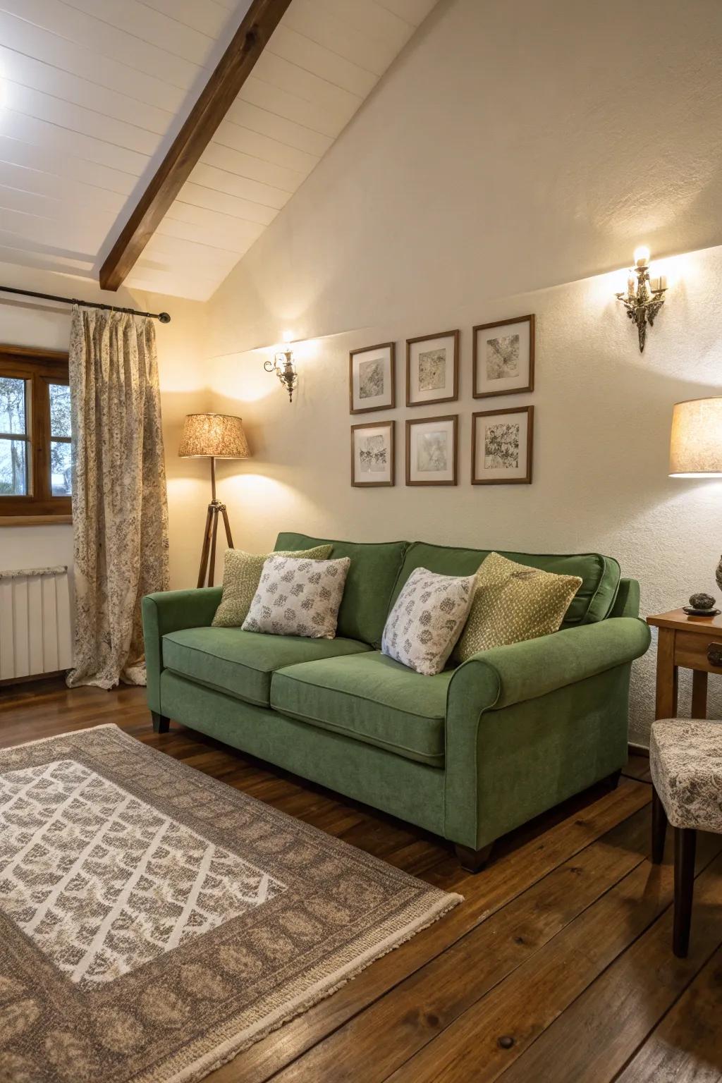 A lively green couch contrasts beautifully with subtle shades.