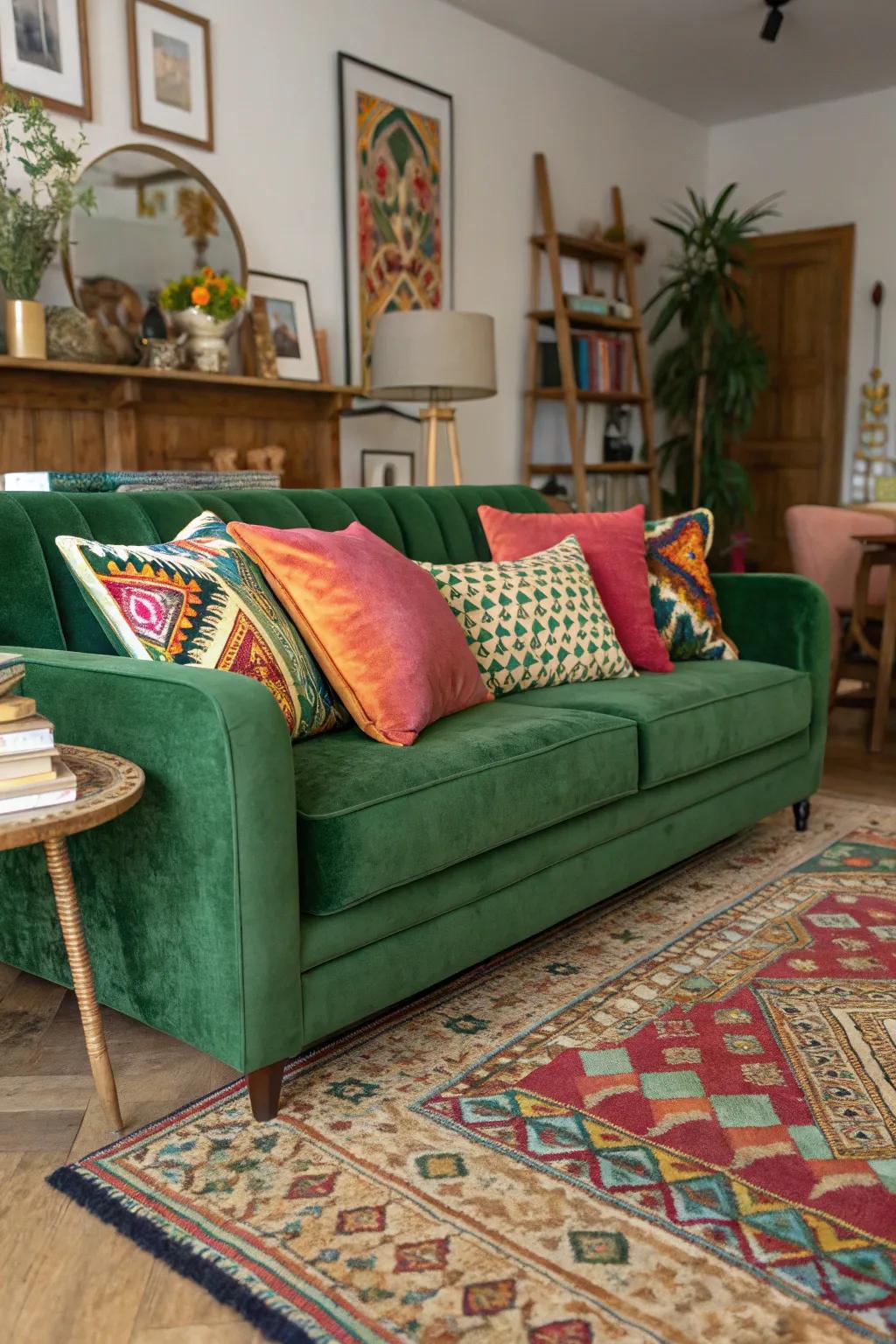 A varied living space featuring a green velvet sofa and vibrant decorations.