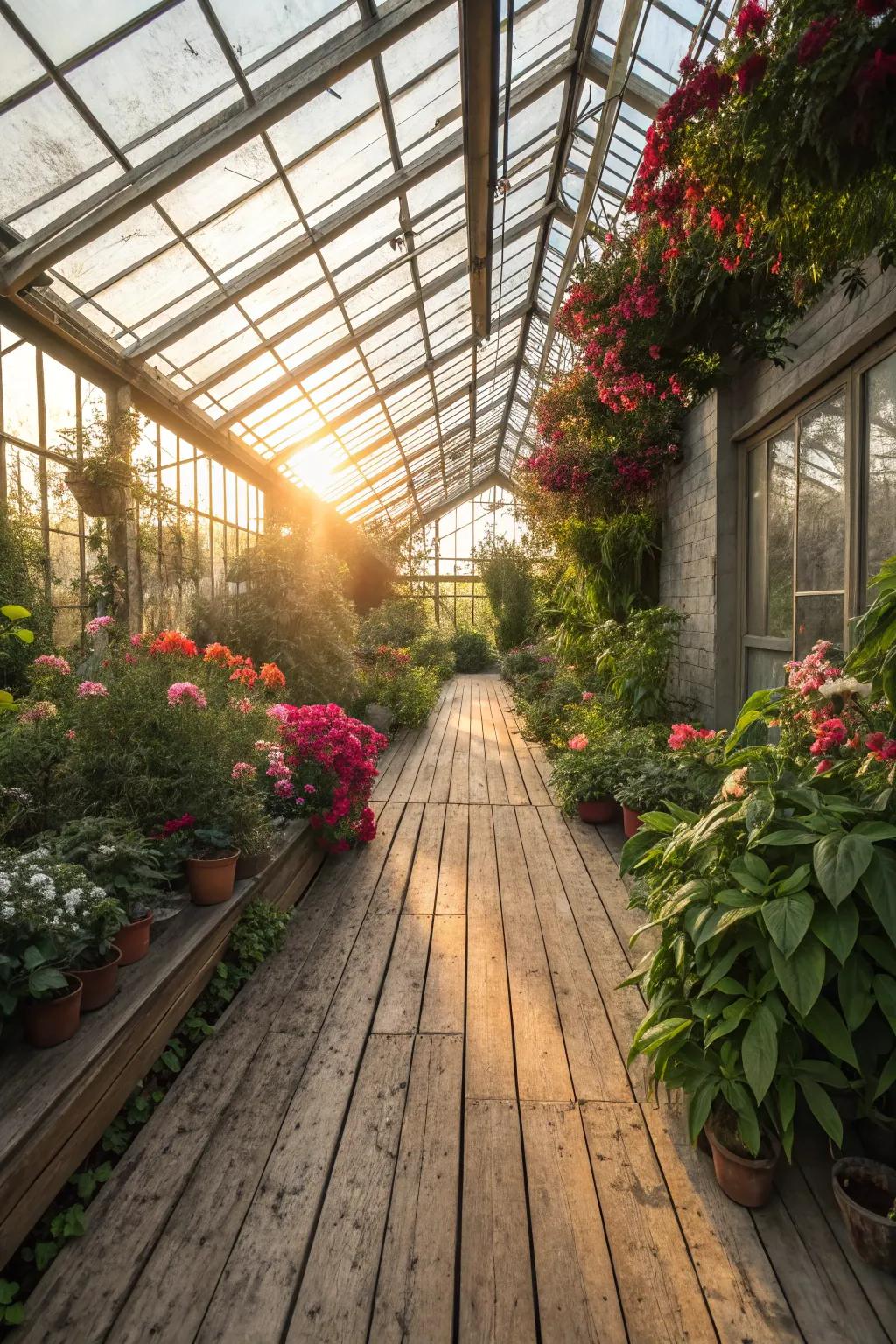 Wooden planks offer a warm and inviting greenhouse floor.