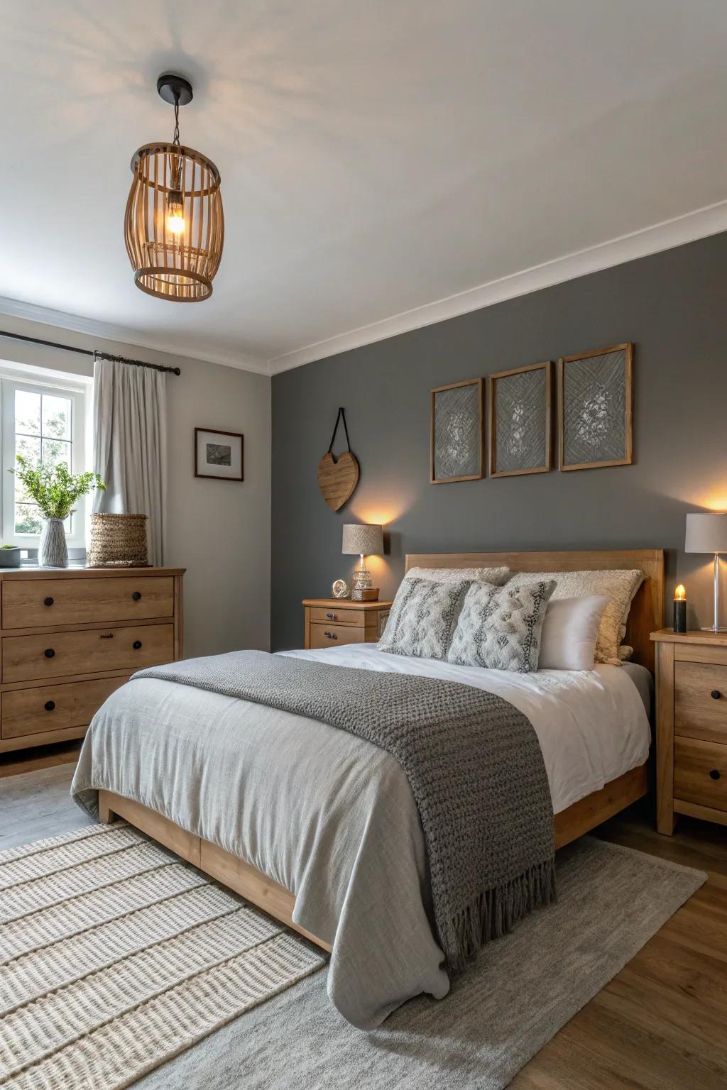 A bedroom styled with a tranquil grey accent wall.