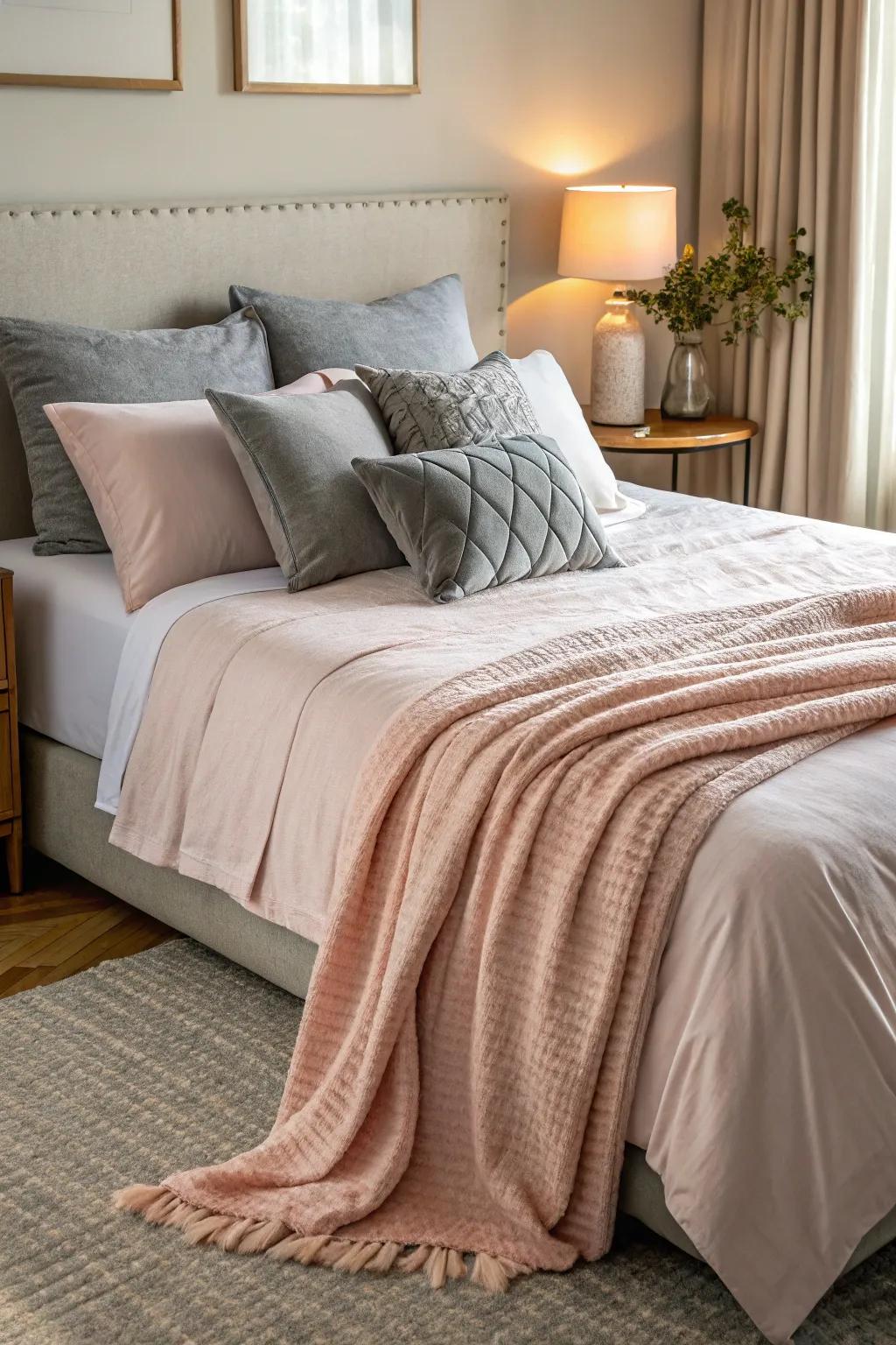 A rosewater blanket tossed over grey bedding adds an elegant touch.