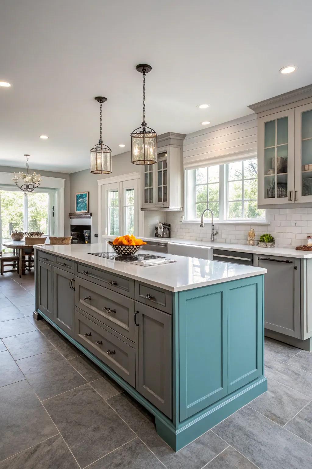 An aqua island transforms into the focal point of the kitchen, promoting interaction and connection.