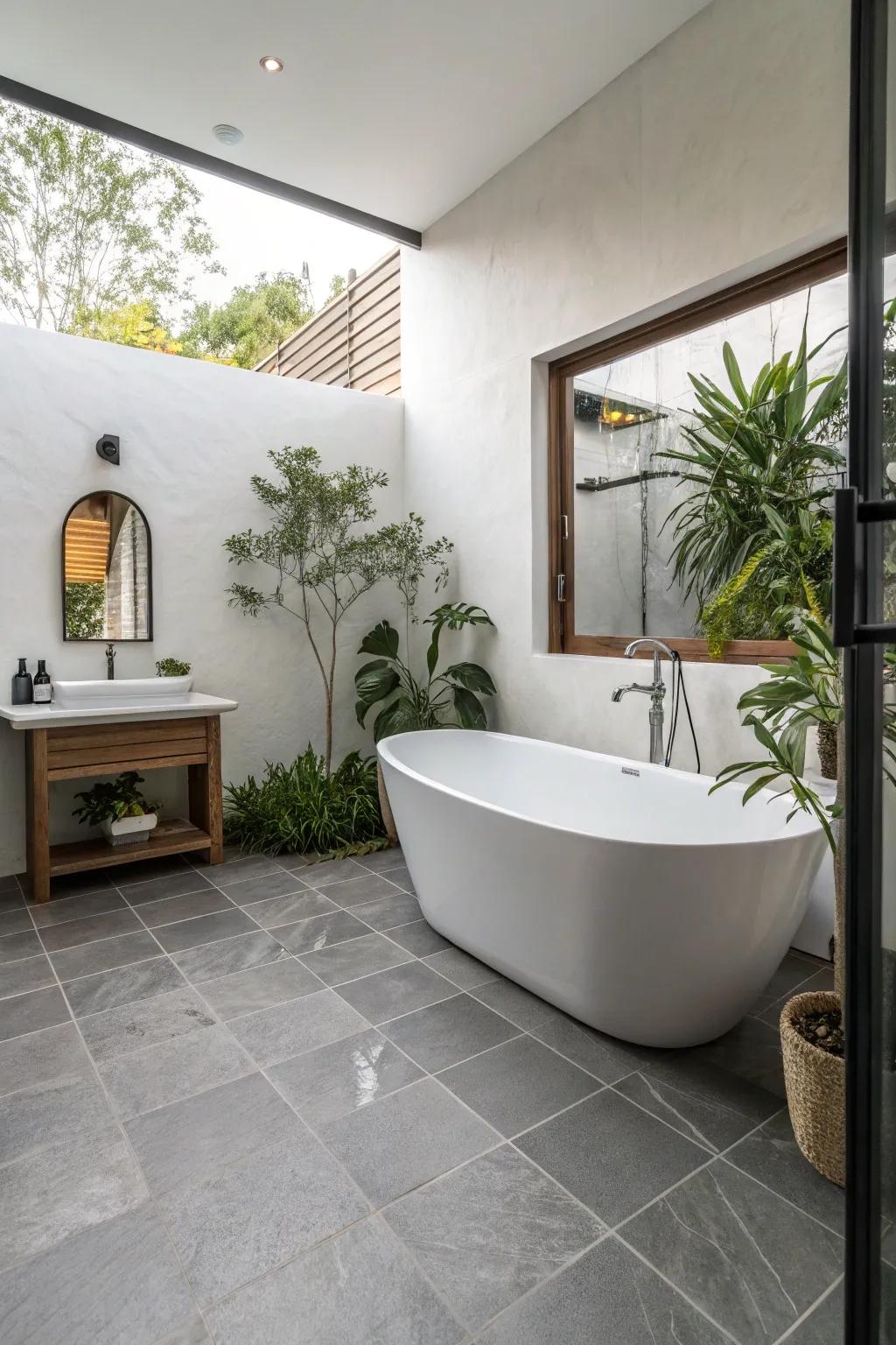 A striking white freestanding bathtub commands attention in this graceful bathroom.